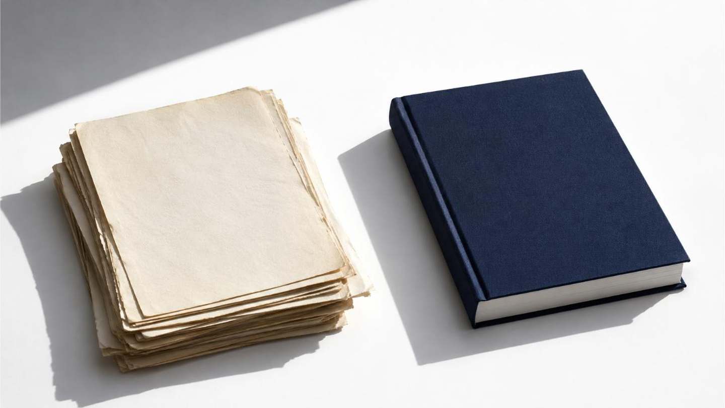 書きためた原稿の束と、一冊にまとまった本